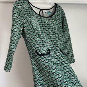 Louie Lucie Stretch Knit Print Fitted Dress Size L Green Midi Vintage Mod Style